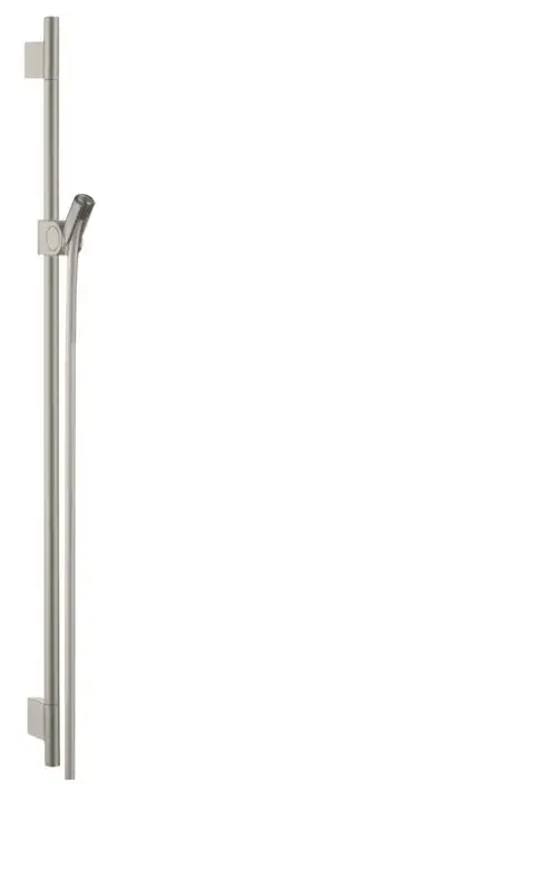 Edelstahl Brausestange mit Halterung und Brauseschlauch, präsentiert von AXOR, montiert an einer Wand, zeigt eine schlichte, funktionale Ausführung.